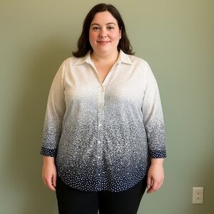 Foxcroft Wrinkle Free Fitted Tunic Blouse Size 14 White Navy Polka Dot Ombre